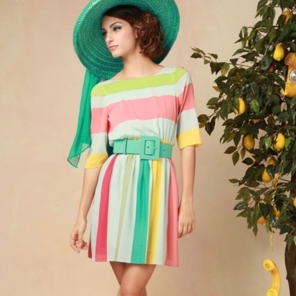 ALICE + OLIVIA Anita Silk Pastel Stripe Dress Retro Blouson Button Back Medium - Picture 5 of 16